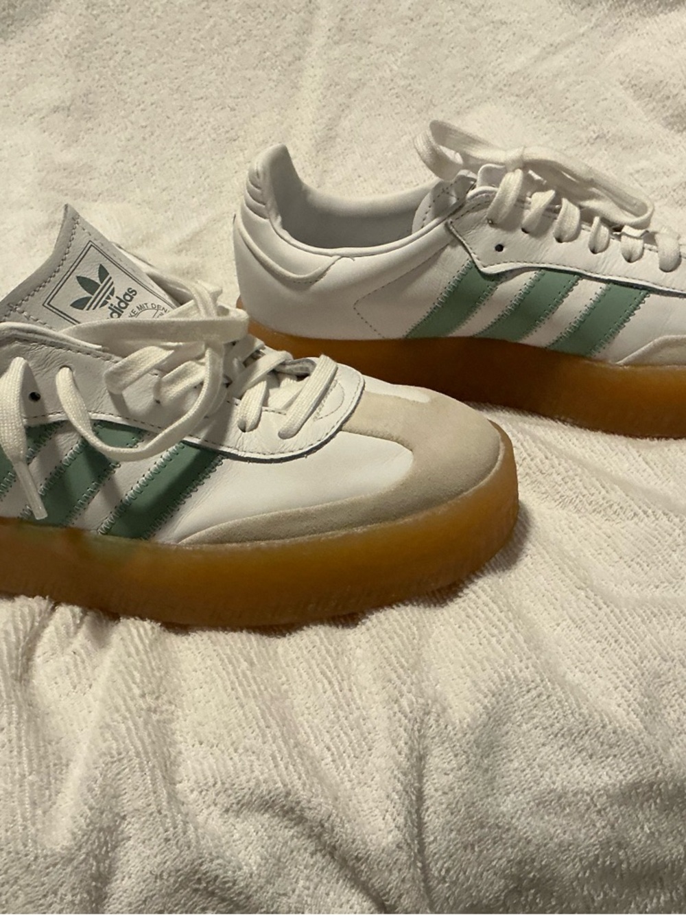 adidas Samba White Sneakers with Mint Green Stripes and Gum Sole - Picture 5 of 7